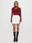 front view of model wearing Princess Polly Twisted Humour Long Sleeve Lace Bodysuit Burgundy Full Sleeves 