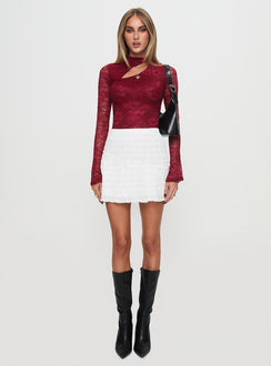 front view of model wearing Princess Polly Twisted Humour Long Sleeve Lace Bodysuit Burgundy Long Sleeve Tops 