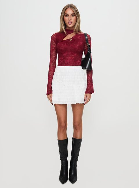 front view of model wearing Princess Polly Twisted Humour Long Sleeve Lace Bodysuit Burgundy Long Sleeve Tops 