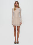 front view of model wearing Princess Polly Supanova Long Sleeve Mini Dress Champagne High Neck 