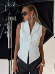 side view of model wearing Princess Polly Campus Long Line Vest White Sleeveless V-Neck 