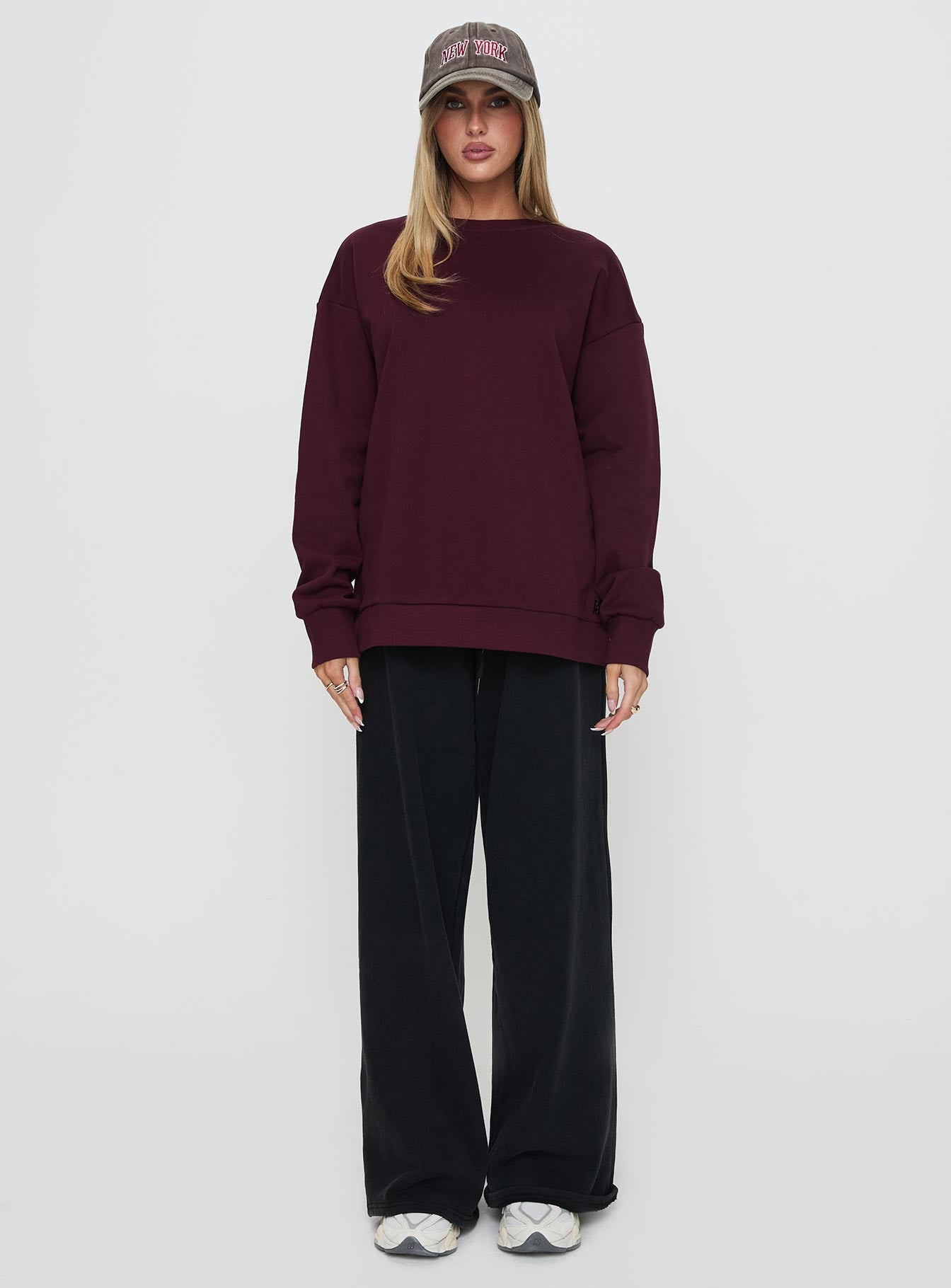 front view of model wearing Princess Polly All Day Crewneck Sweatshirt Wine Long 