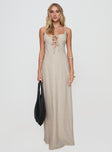 front view of model wearing Princess Polly Seraphia Maxi Dress Beige Sweetheart Neckline 