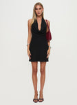 front view of model wearing Princess Polly Ocean Boulevard Plunge Mini Dress Black Cowl Neck 