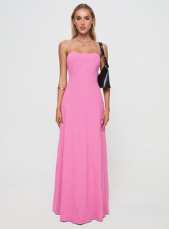 side view of model wearing Princess Polly Clea Maxi Dress Pink Square Neck 
