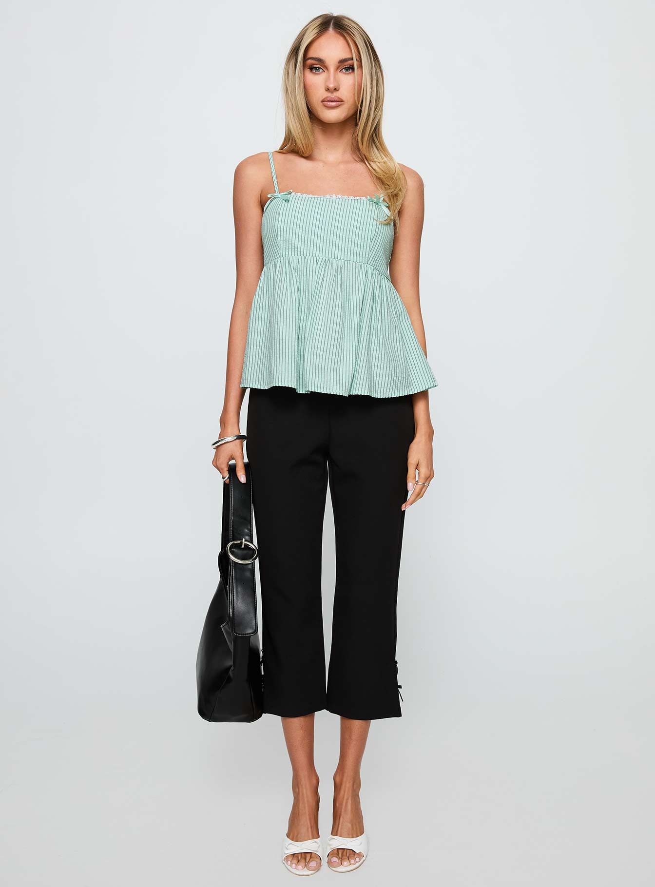 front view of model wearing Princess Polly Peace Of Mind Top Green Stripe Sleeveless Square Neck 