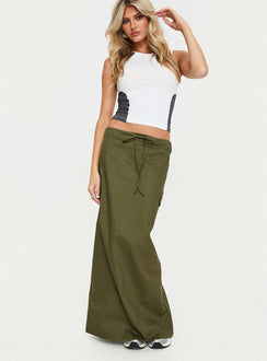   front view of model wearing Princess Polly My Girl Maxi Skirt Olive Maxi 