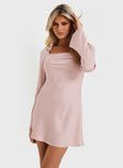 side view of model wearing Princess Polly Phillipa Long Sleeve Mini Dress Pink Square Neck 