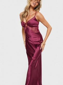 front view of model wearing Princess Polly Birchwood Maxi Dress Wine Plunger 