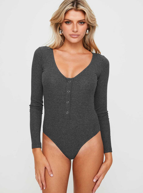 front view of model wearing Princess Polly Barlise Bodysuit Grey Full Sleeves Scoop Neck 
