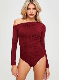 front view of model wearing Princess Polly Donner Long Sleeve Bodysuit Burgundy Full Sleeves Asymmetric Neckline 