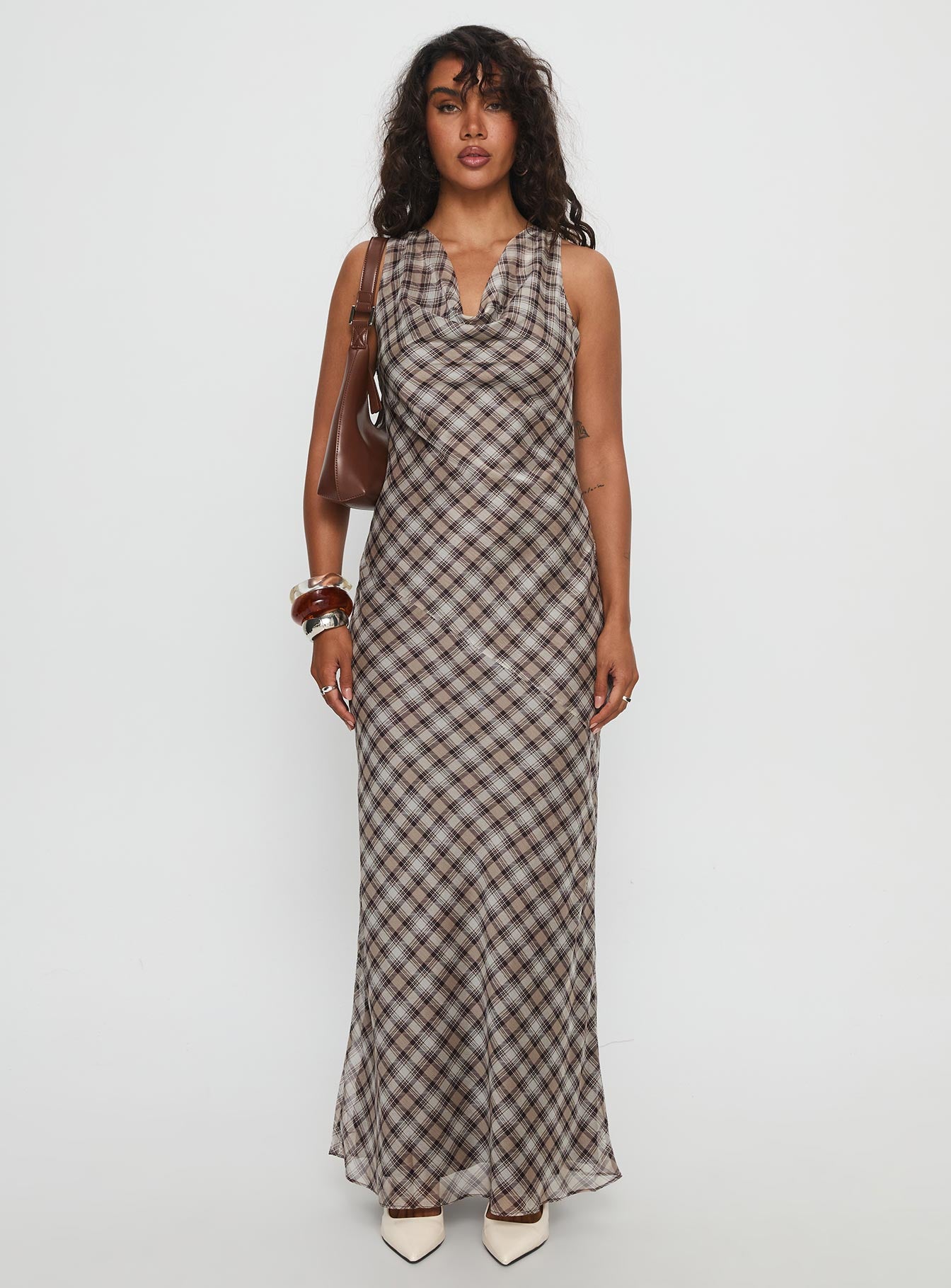 Veida Cowl Neck Maxi Dress Brown Check