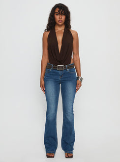 front view of model wearing Princess Polly Quinna Plunge Neck Backless Bodysuit Chocolate Sleeveless 