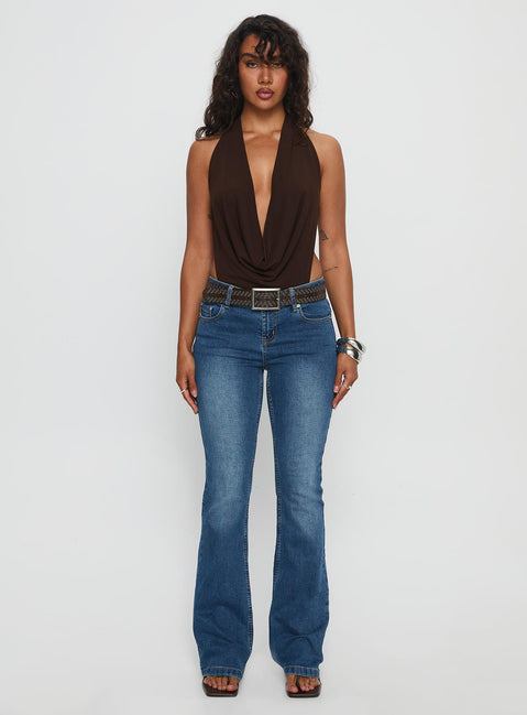 front view of model wearing Princess Polly Quinna Plunge Neck Backless Bodysuit Chocolate Sleeveless 