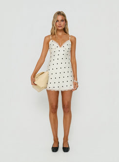 Margareta Lace Trim Mini Dress Cream Polka Dot