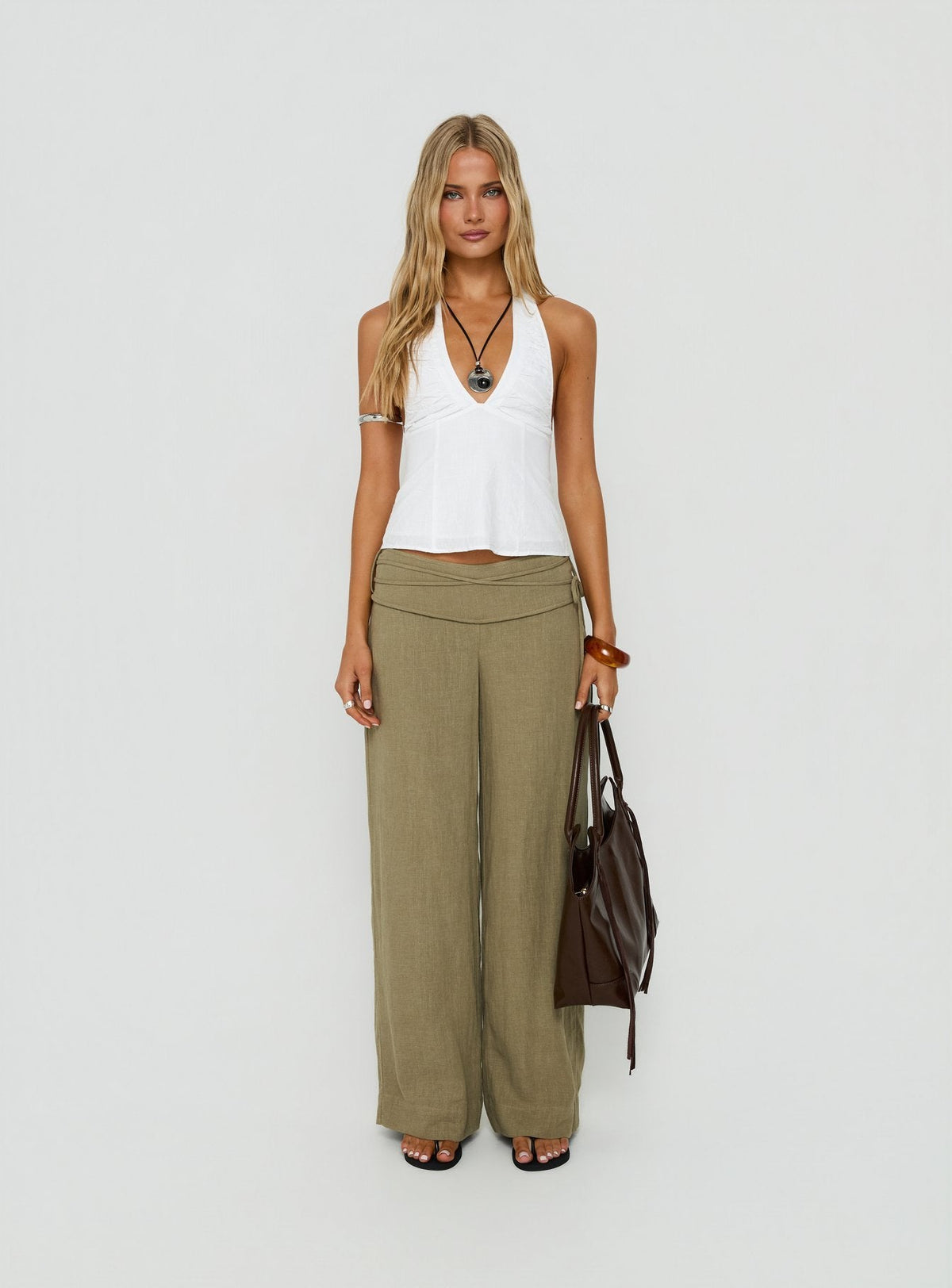 Showcasing the Silver Moon Linen Blend Tie Pants Olive Green womens-regular-pants with high-rise front view of model wearing Princess Polly