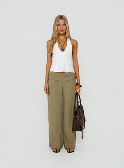 Showcasing the Silver Moon Linen Blend Tie Pants Olive Green womens-regular-pants with high-rise front view of model wearing Princess Polly