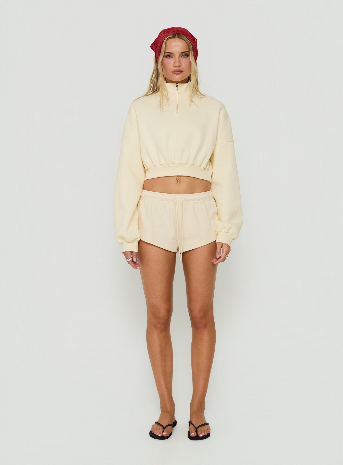 Discover the Astridd 3/4 Zip Cropped Jumper in Cream womens-jumpers featuring short length on-body Princess Polly