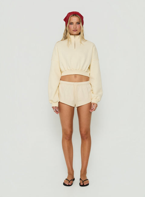 Discover the Astridd 3/4 Zip Cropped Jumper in Cream womens-jumpers featuring short length on-body Princess Polly