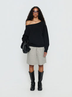 side view of model wearing Princess Polly Wellness Off the Shoulder Jumper Washed Black Longline Jumpers 