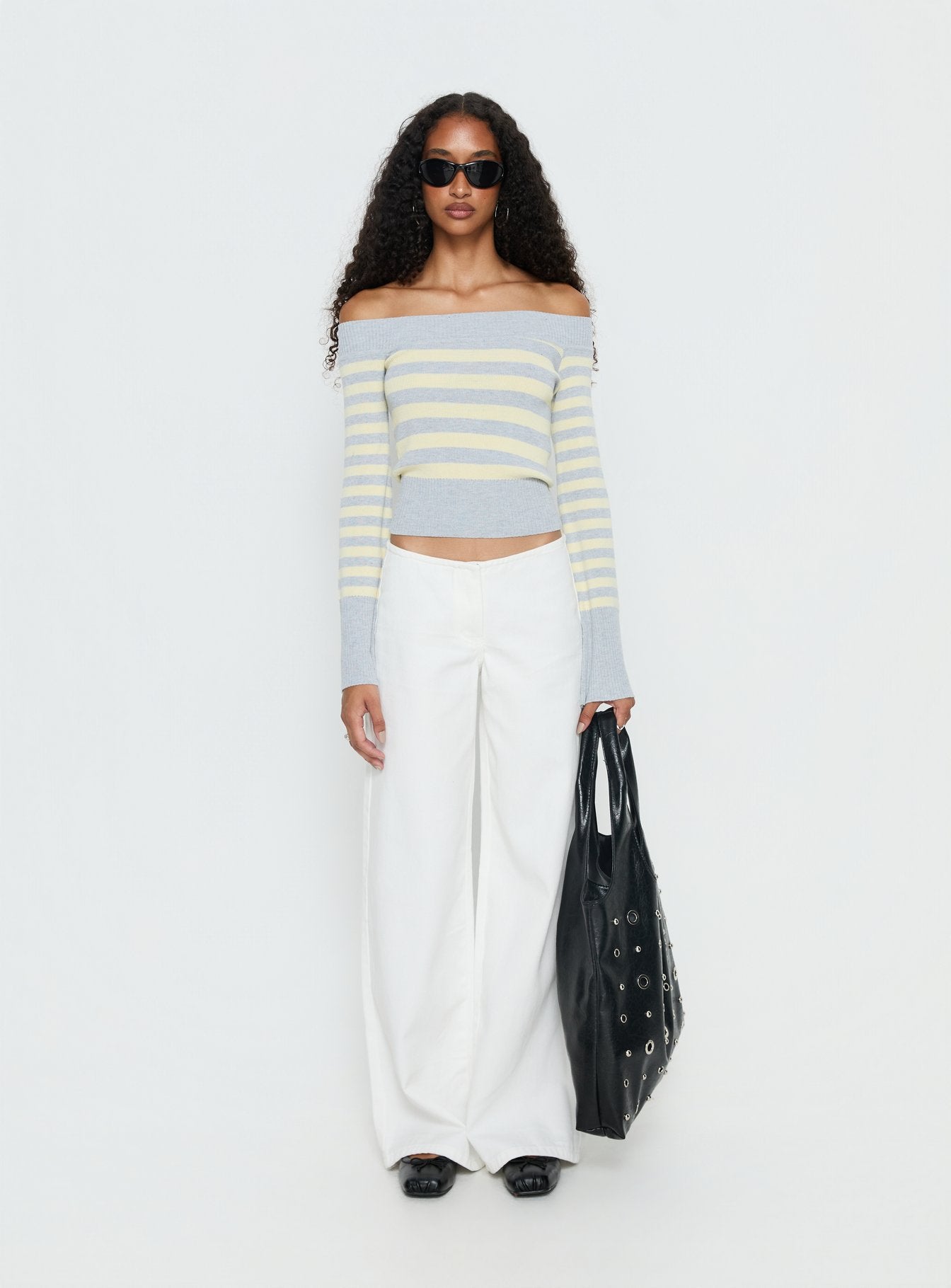 Perrey Long Sleeve Off Shoulder Top Knit Yellow / Grey Stripe