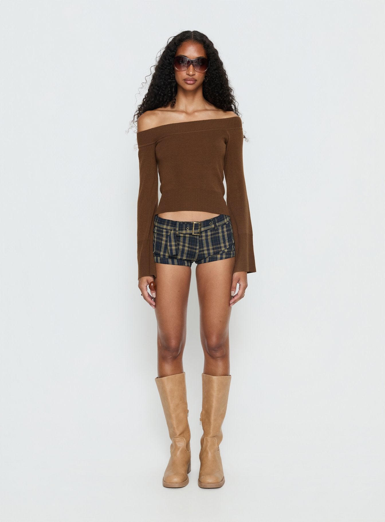 Perrey Long Sleeve Off Shoulder Knit Top Brown