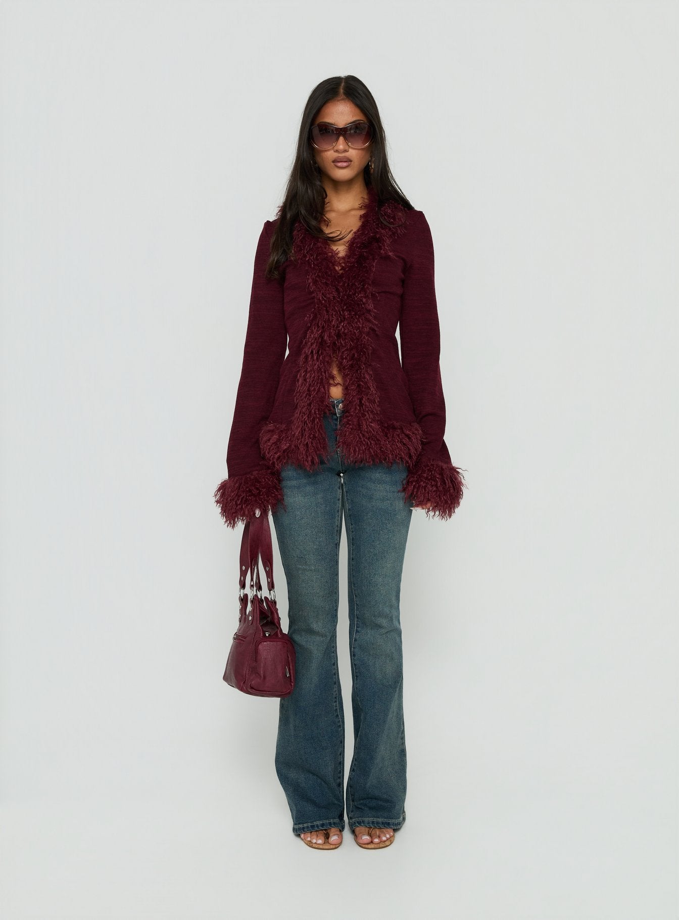 Brynlie Faux Fur Trim Boxy Cardigan Burgundy