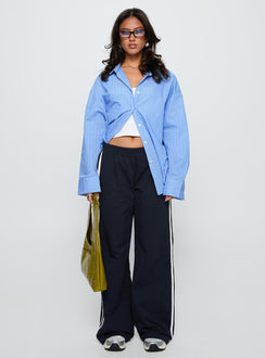 front view of model wearing Princess Polly Kodhi Oversized Long Sleeve Top Blue Stripe Full Sleeves V-Neck 