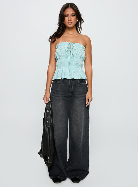 back view of model wearing Princess Polly Sombre Tie Detail Strapless Top Blue Sleeveless straight 
