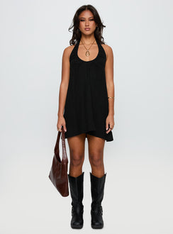 front view of model wearing Princess Polly Daydreams Linen Blend Halter Mini Dress Black Scoop Neck 