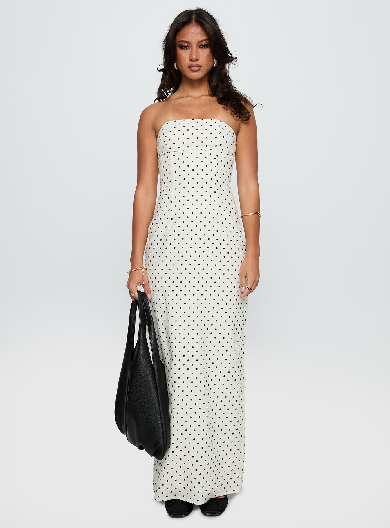 front view of model wearing Princess Polly Dovie Linen Blend Strapless Midi Dress Cream Polka Straight Neck 