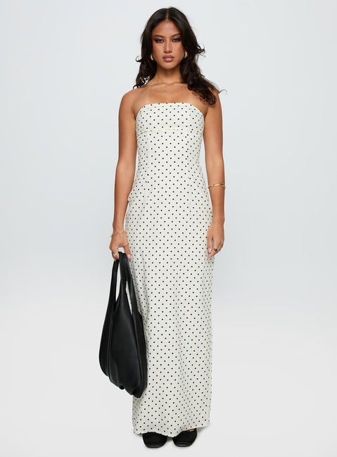 front view of model wearing Princess Polly Dovie Linen Blend Strapless Midi Dress Cream Polka Straight Neck 