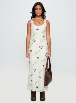 front view of model wearing Princess Polly Jessabelle Linen Blend Midi Dress Cream Floral Scoop Neck 