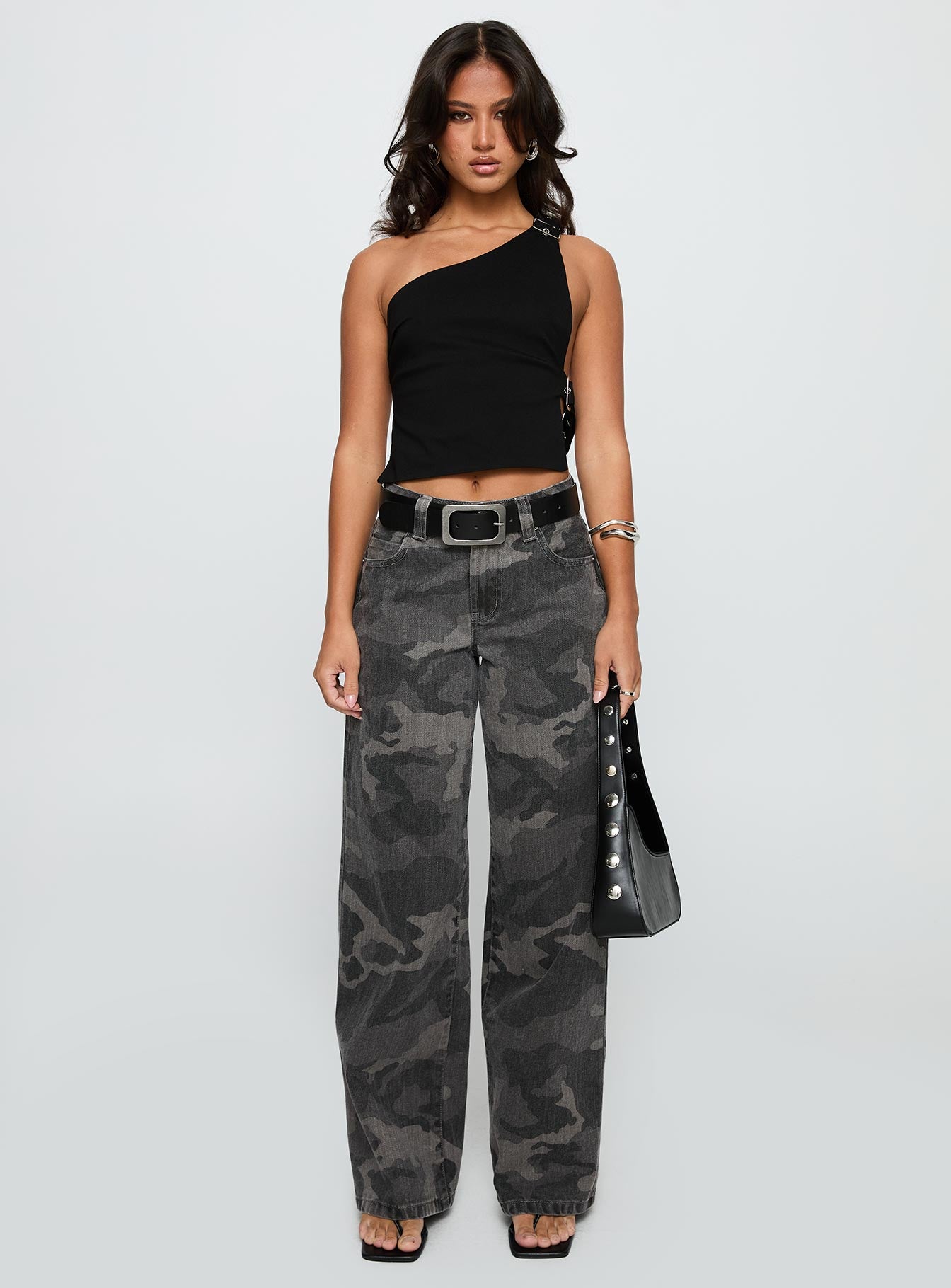 front view of model wearing Princess Polly Big Talk Baggy Jeans Grey Washed Cameo Mid Rise 