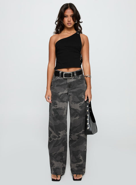 front view of model wearing Princess Polly Big Talk Baggy Jeans Grey Washed Cameo Mid Rise 