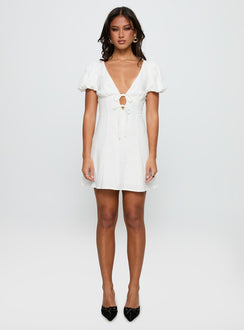 side view of model wearing Princess Polly Beloved Puff Sleeve Linen Blend Mini Dress White Plunger 