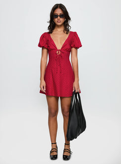 front view of model wearing Princess Polly Beloved Puff Sleeve Linen Blend Mini Dress Red Polka Plunger 