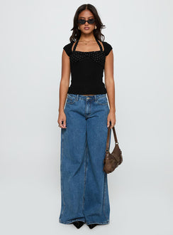 front view of model wearing Princess Polly Emberglow Top Black / Polka Short Sleeves Square Neck 