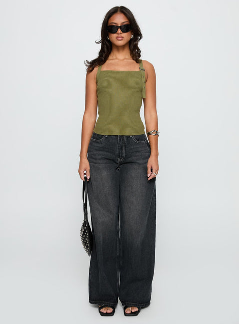 side view of model wearing Princess Polly Bare It All Buckle Detail Top Green Sleeveless Square Neck 