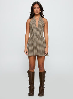 side view of model wearing Princess Polly Juanette Halter Mini Dress Brown Check Plunger 