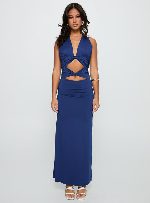 front view of model wearing Princess Polly Labour Of Love Halter Maxi Dress Cobalt Plunger 