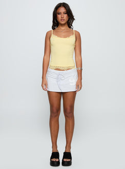 front view of model wearing Princess Polly Falling Through Lace Detail Top Lemon Sleeveless Scoop Neck 