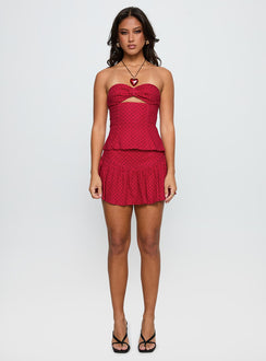 back view of model wearing Princess Polly Kandee Twist Linen Blend Top Red Polka Sleeveless Sweetheart 