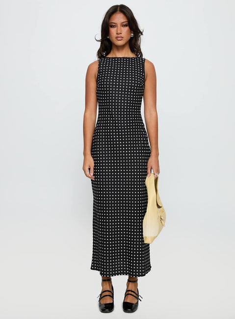 front view of model wearing Princess Polly Voyager Linen Blend Midi Dress Black Polka Crew Neck 