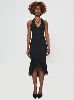 front view of model wearing Princess Polly Amadeus Midi Dress Black V-Neck 