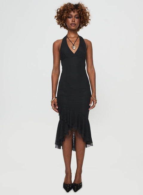 front view of model wearing Princess Polly Amadeus Midi Dress Black V-Neck 