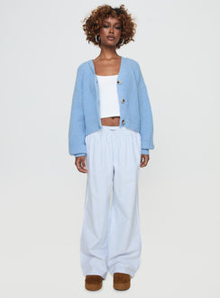 front view of model wearing Princess Polly Leskie Cardigan Pale Blue Cropped 
