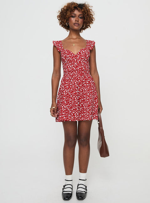 front view of model wearing Princess Polly So Sweet Mini Dress  Red / Floral Sweetheart Neckline 