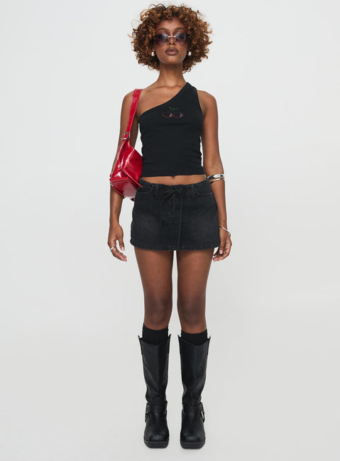 front view of model wearing Princess Polly Jase One Shoulder Top Black Sleeveless Asymmetric Neckline 