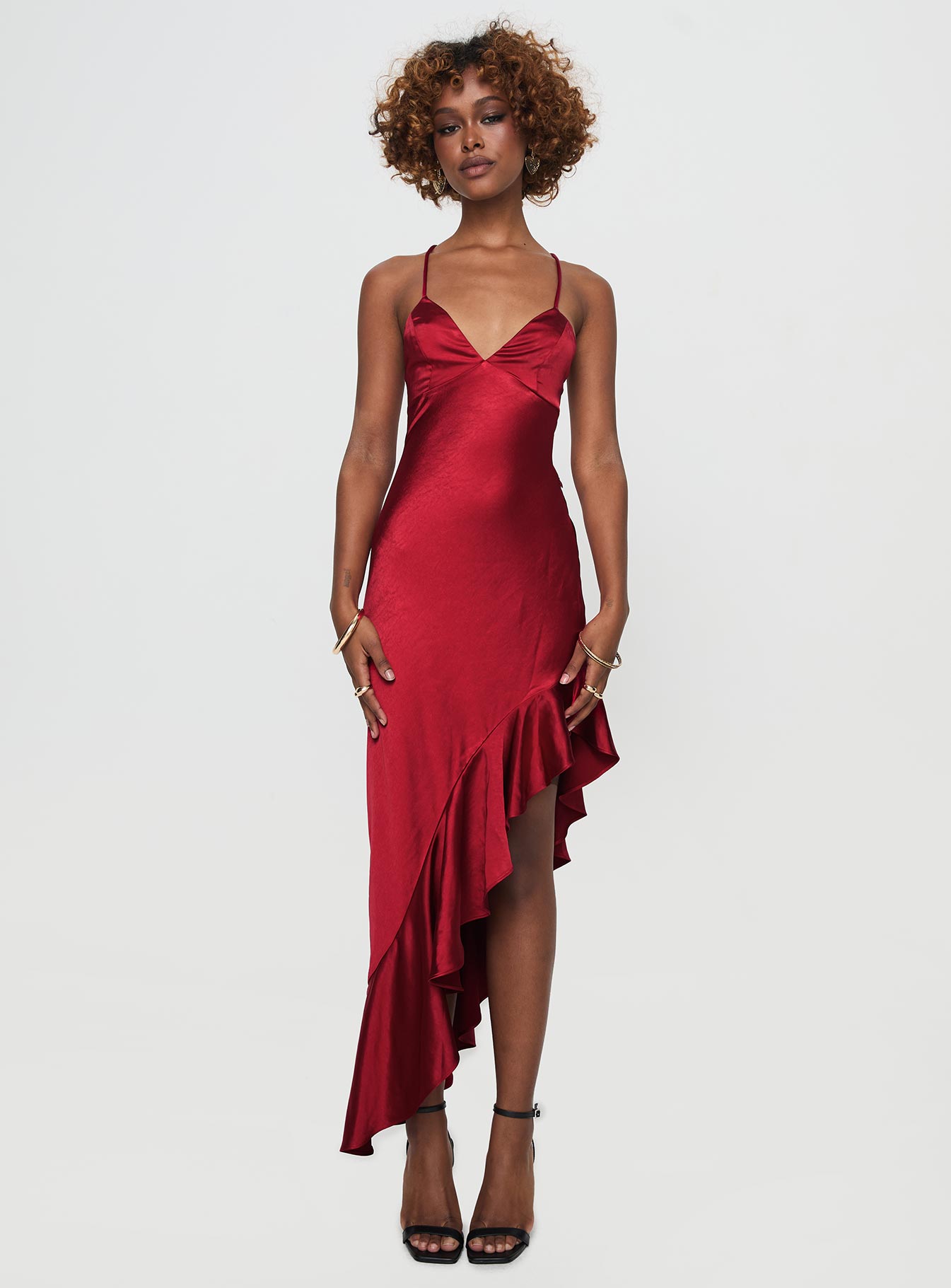 front view of model wearing Princess Polly Casen Maxi Dress Red Plunger 